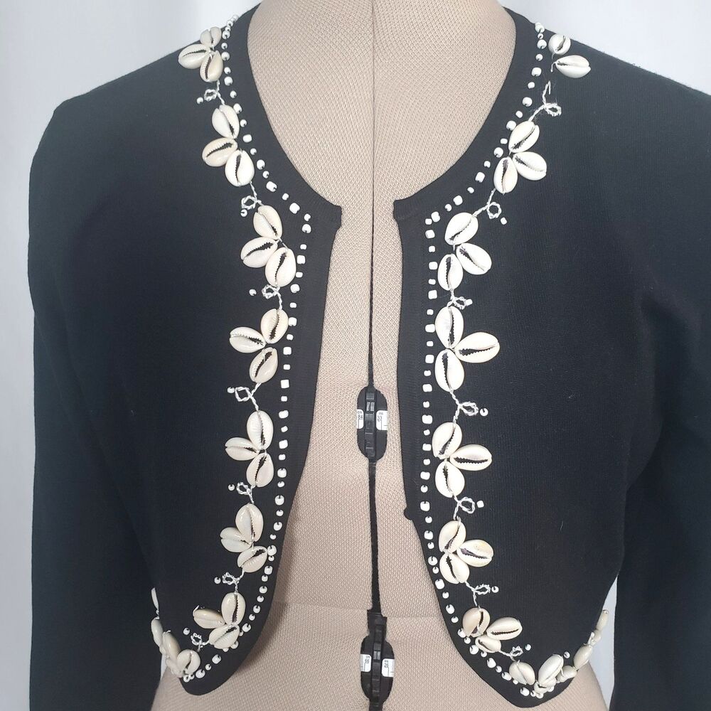 Kenar Women’s Sweater Medium Black Embroidered Shells Cropped Silk Blend Bolero